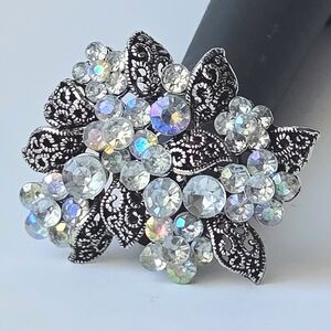 VTG Aurora Borealis Crystal Flower Brooch with Filligree Detailed Leaves